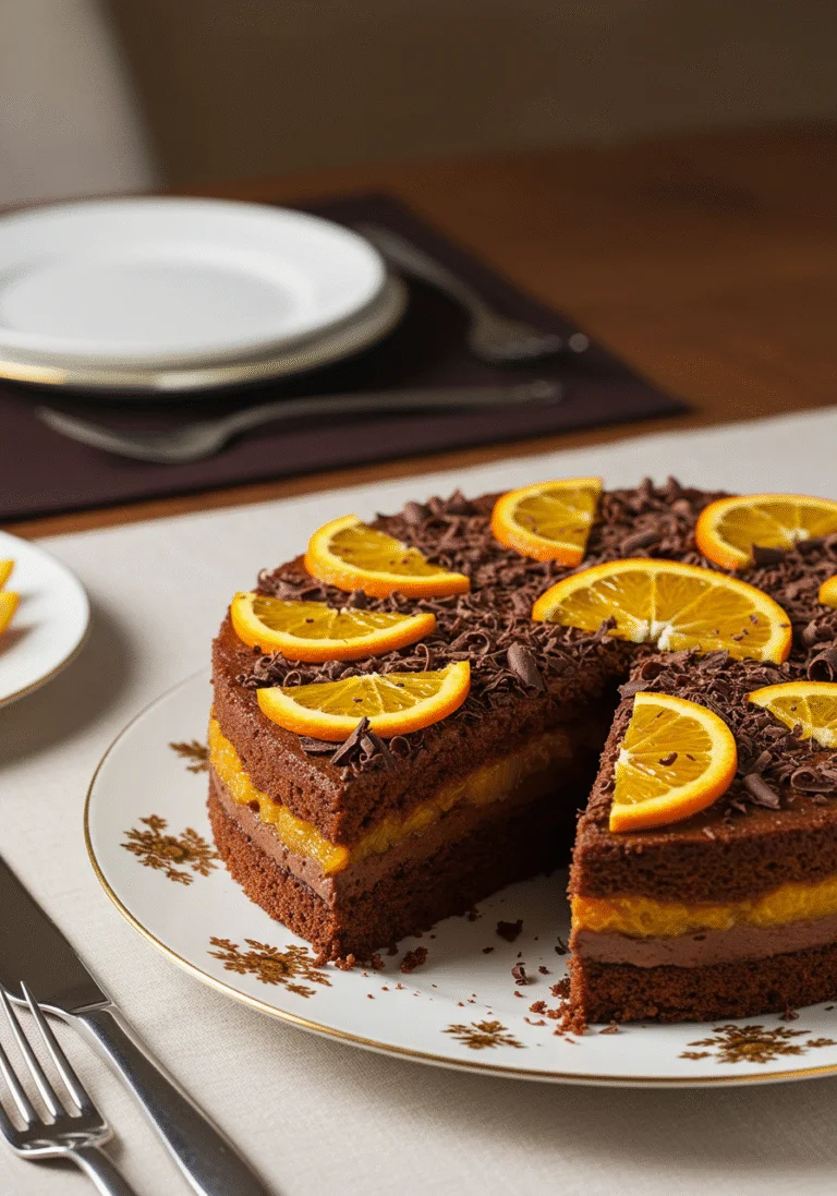 Bizcocho de chocolate y naranja decorado, perfecto para servir en celebraciones.