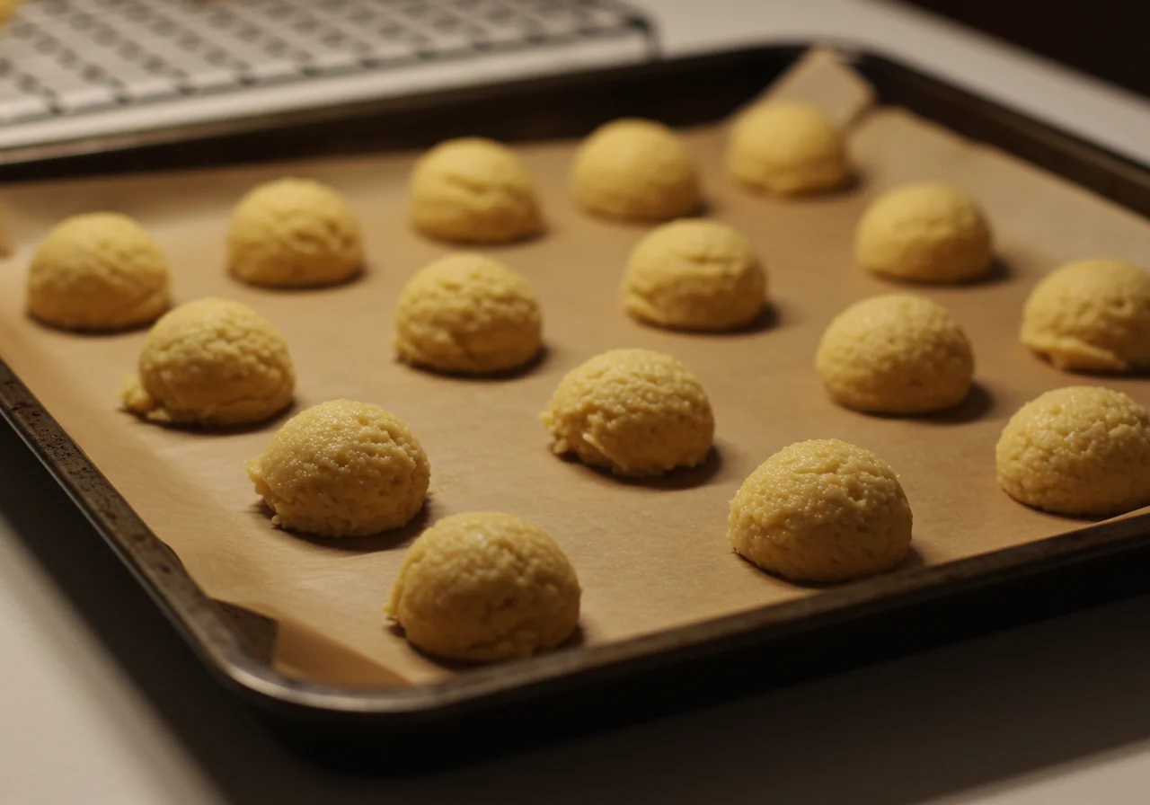 Masa de galletas de nuez lista para hornear en una bandeja con papel pergamino.