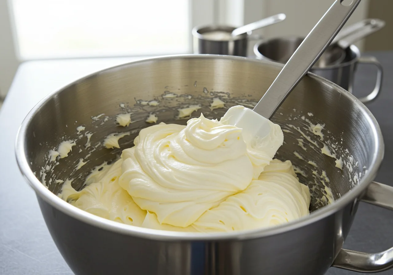 Mezcla cremosa de mantequilla y azúcar para galletas de vainilla caseras en un tazón.