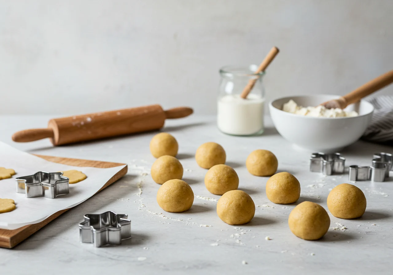 Bolitas de masa de galletas de vainilla listas para hornear en papel encerado.