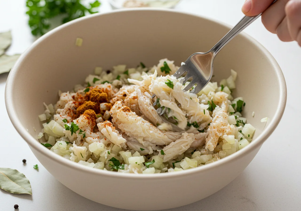 Mezcla de bacalao, cebolla y especias para el relleno de los pimientos en la receta de Pimientos Rellenos de Bacalao.