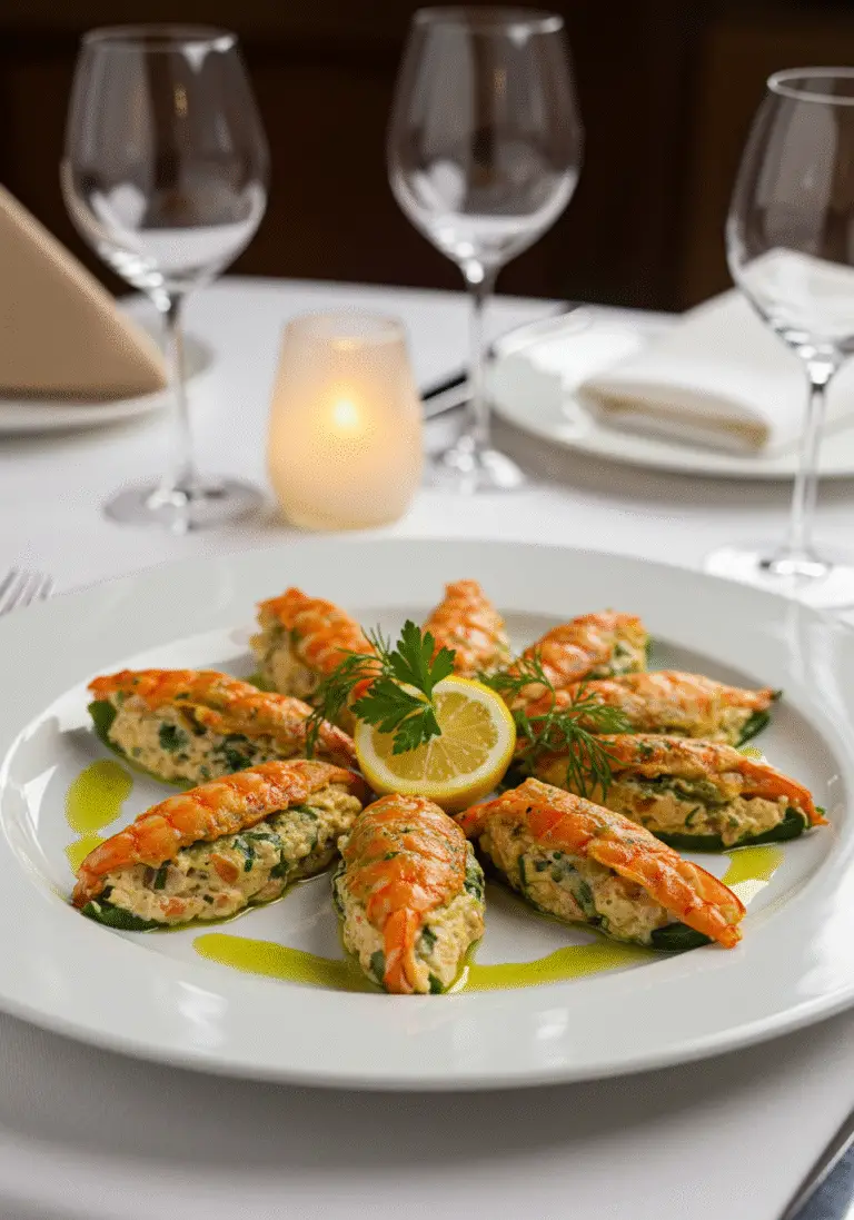 Pimientos Rellenos de Marisco presentados de manera atractiva, listos para disfrutar.
