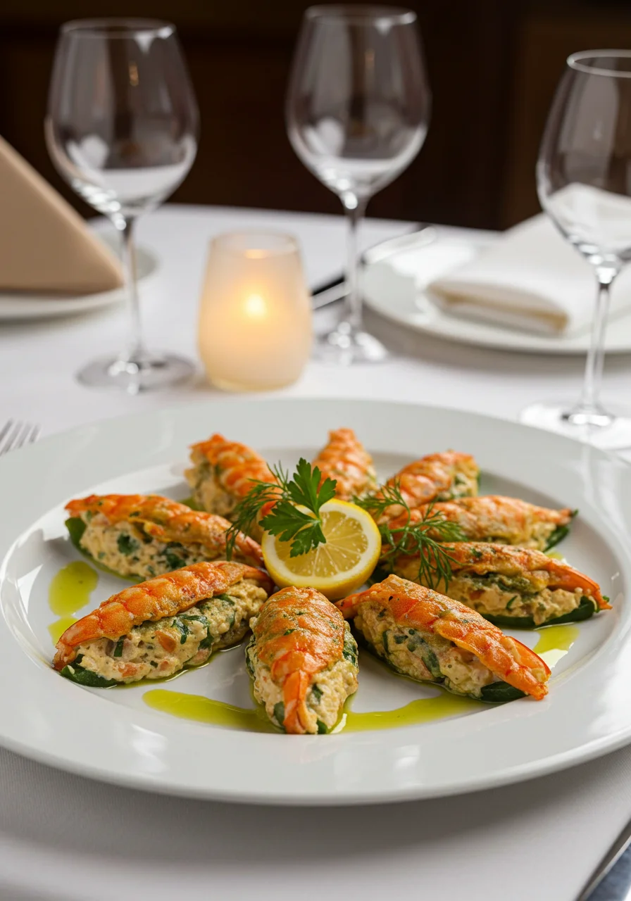 Pimientos Rellenos de Marisco presentados de manera atractiva, listos para disfrutar.