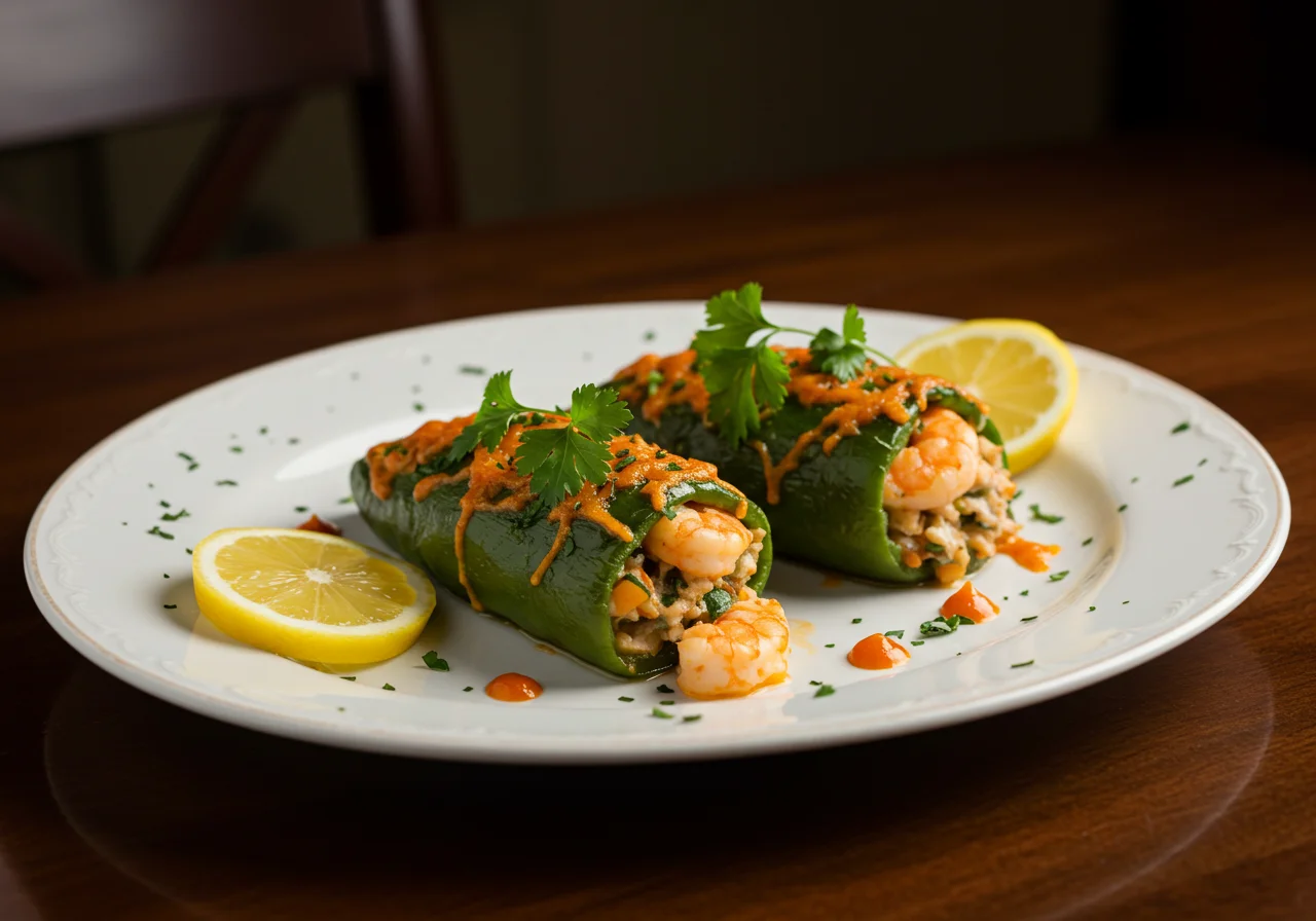 Pimientos Rellenos de Marisco presentados de manera atractiva, listos para disfrutar.