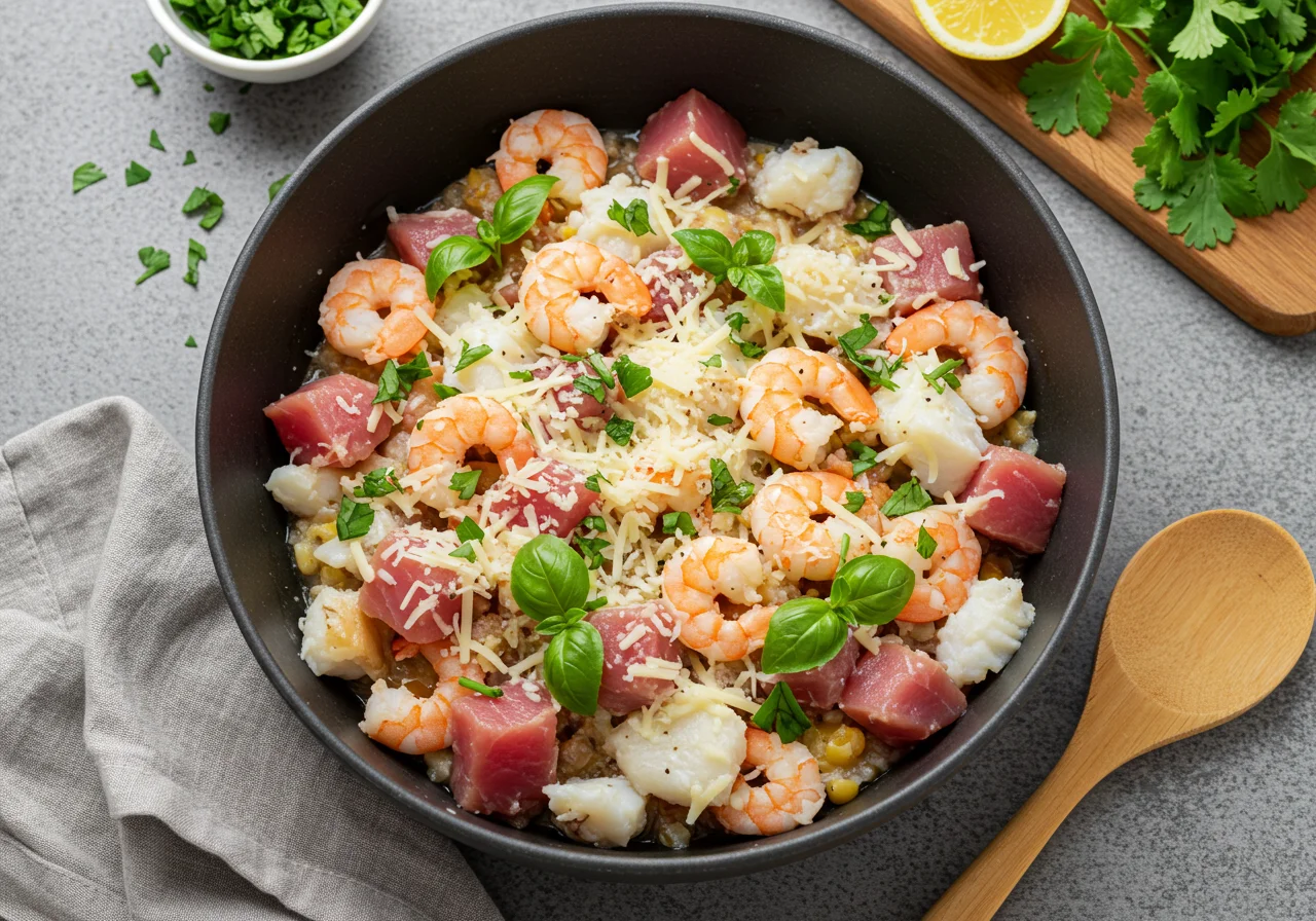 Mezcla de mariscos y queso preparada para rellenar los pimientos en Pimientos Rellenos de Marisco.