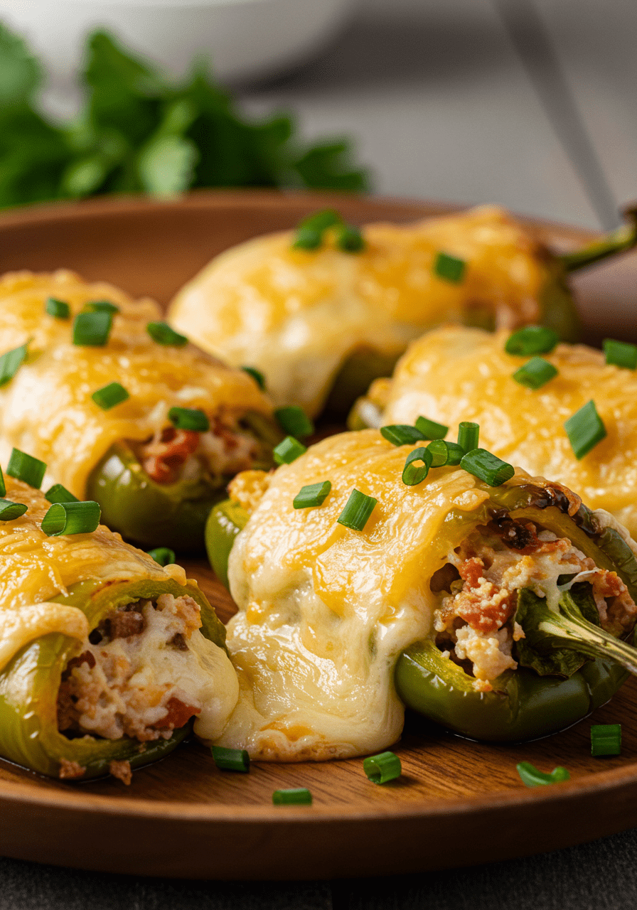 Pimientos Rellenos de Queso listos para servir, con queso dorado y hierbas frescas.