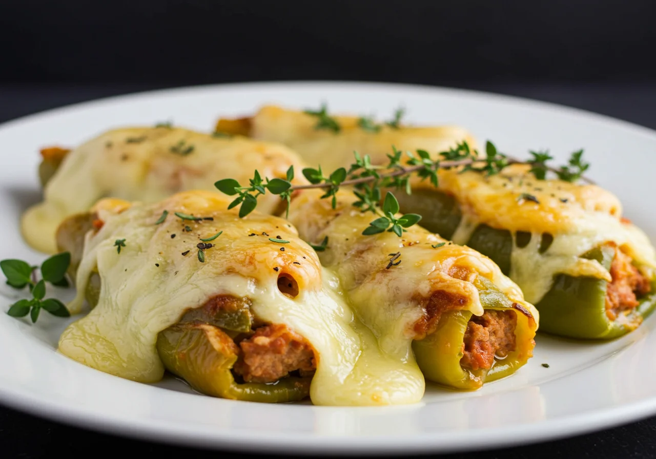Pimientos Rellenos de Queso listos para servir, con queso dorado y hierbas frescas.