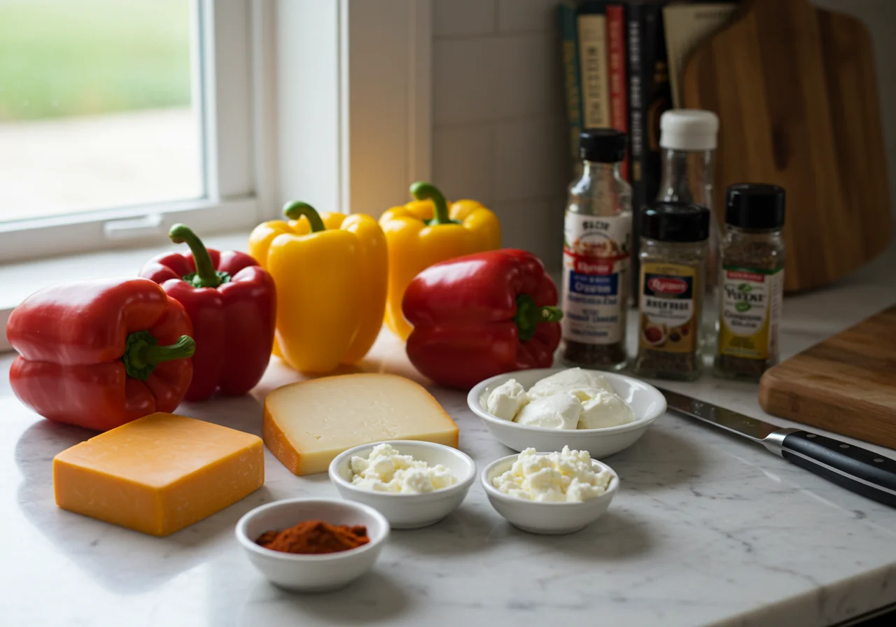 Ingredientes frescos para pimientos rellenos de queso sobre la encimera.