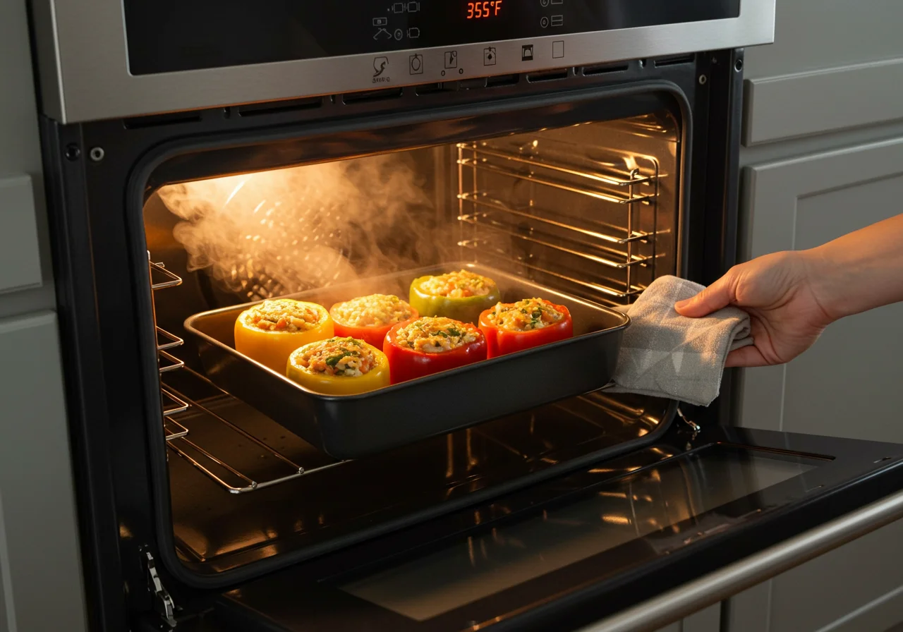 Plato con pimientos rellenos siendo colocado en el horno para cocción.
