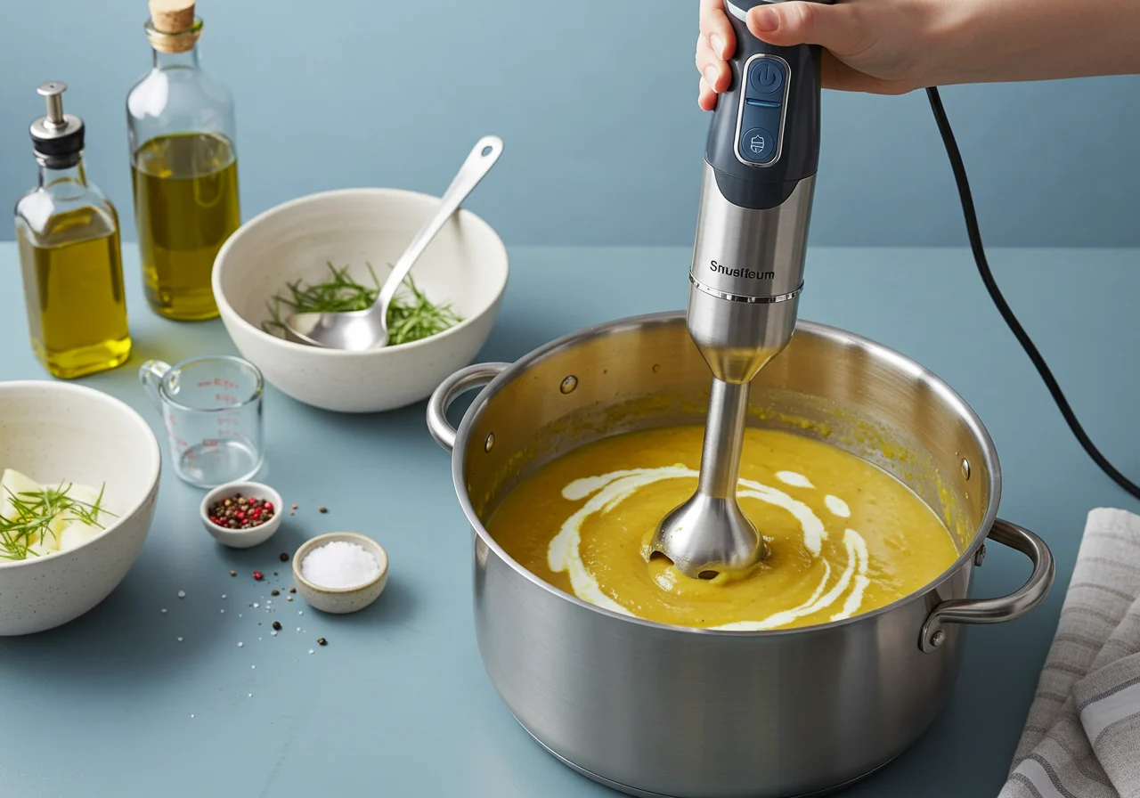 Blending the zucchini soup to a smooth consistency for Sopa de Calabacín Casera.