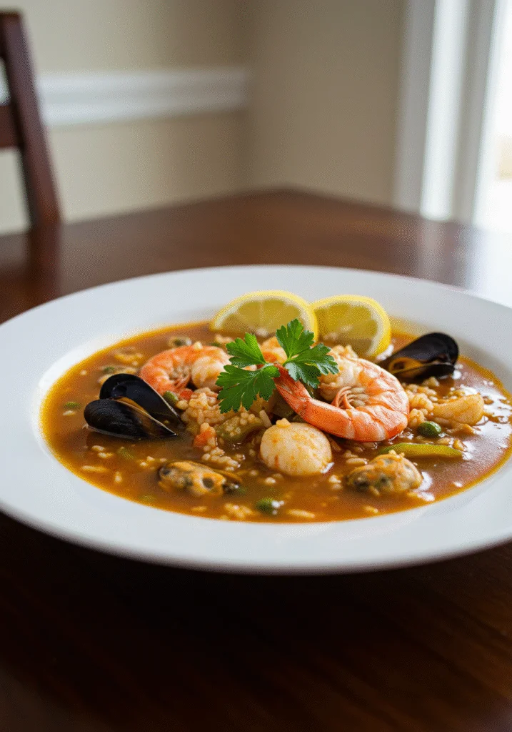 Sopa de Marisco con Arroz lista para servir, decorada con limón y perejil.