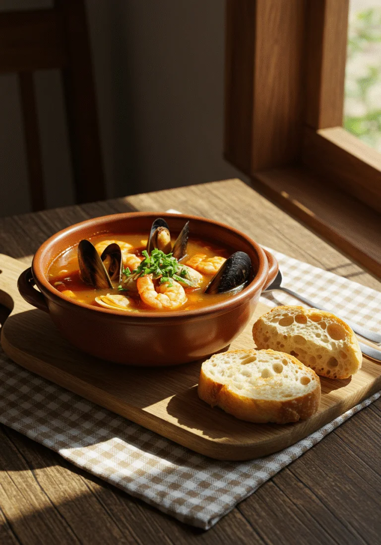 Tazón de Sopa de Marisco con Tomate con pan, perfecto para una comida especial.