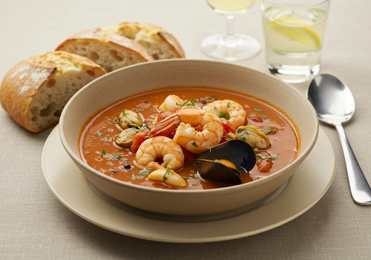 Tazón de Sopa de Marisco con Tomate con pan, perfecto para una comida especial.
