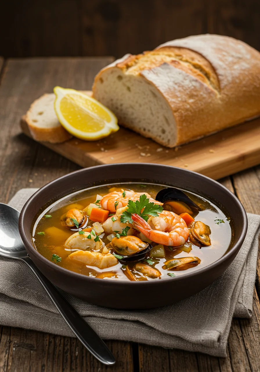 Delicious Sopa de Marisco y Verduras served in a bowl, perfect for a warming meal.