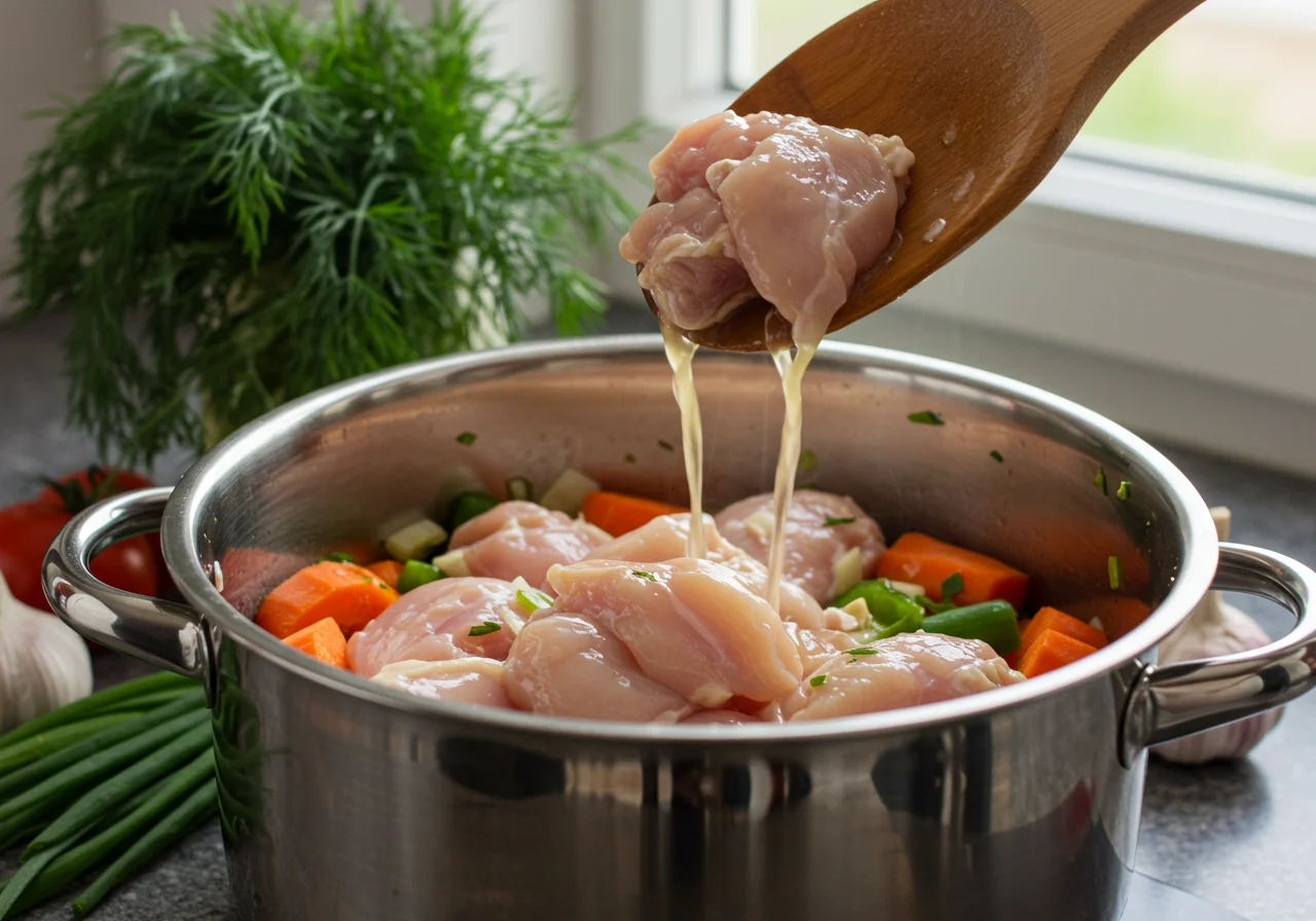 Chicken being added to the pot for making Sopa de Pollo y Verduras, enhancing the flavors.