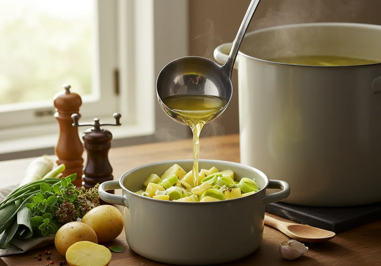 Vegetable broth being added to the mixture for Sopa de Puerro y Patata preparation.