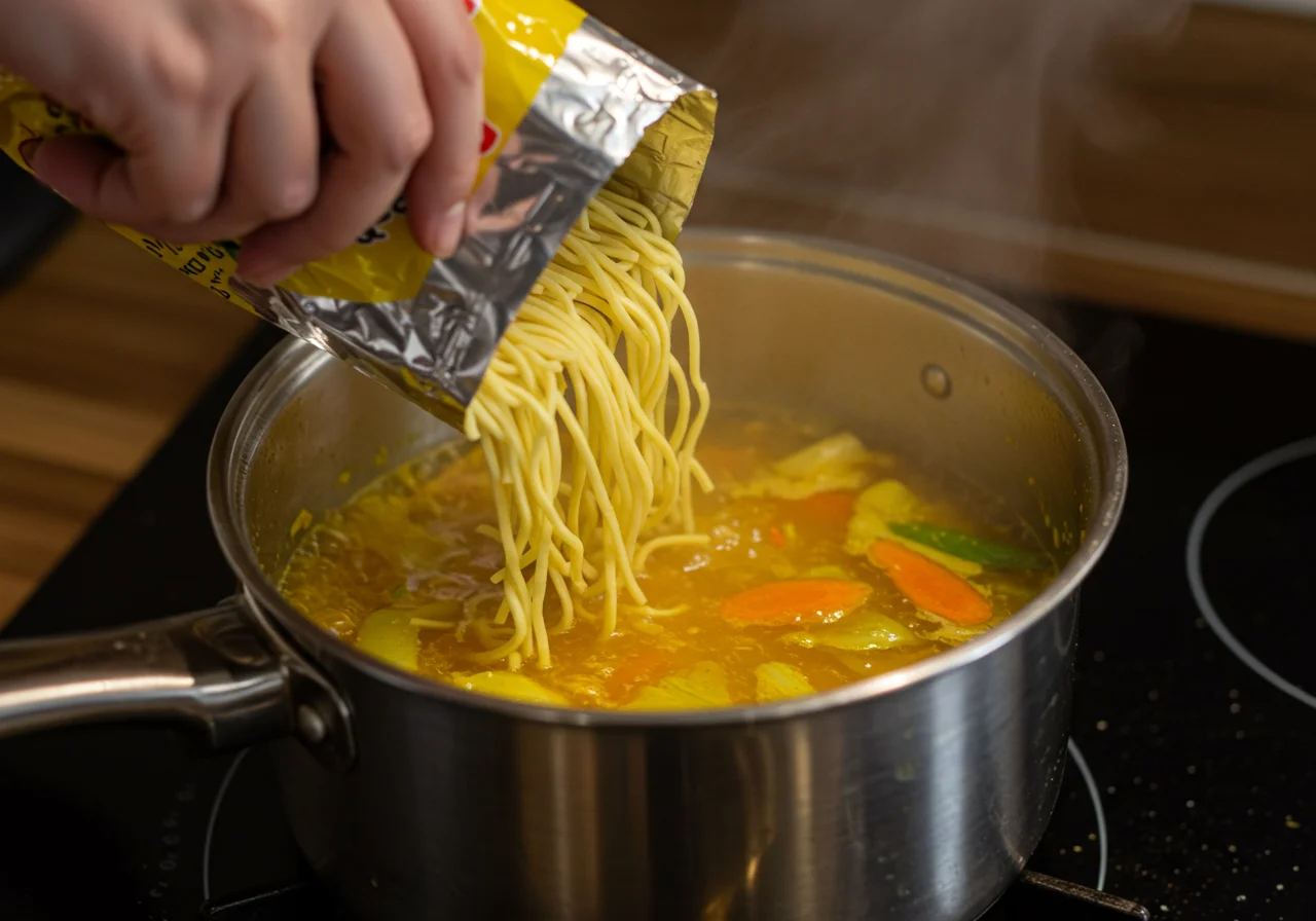 Fideos siendo añadidos a la sopa de verduras en la olla.