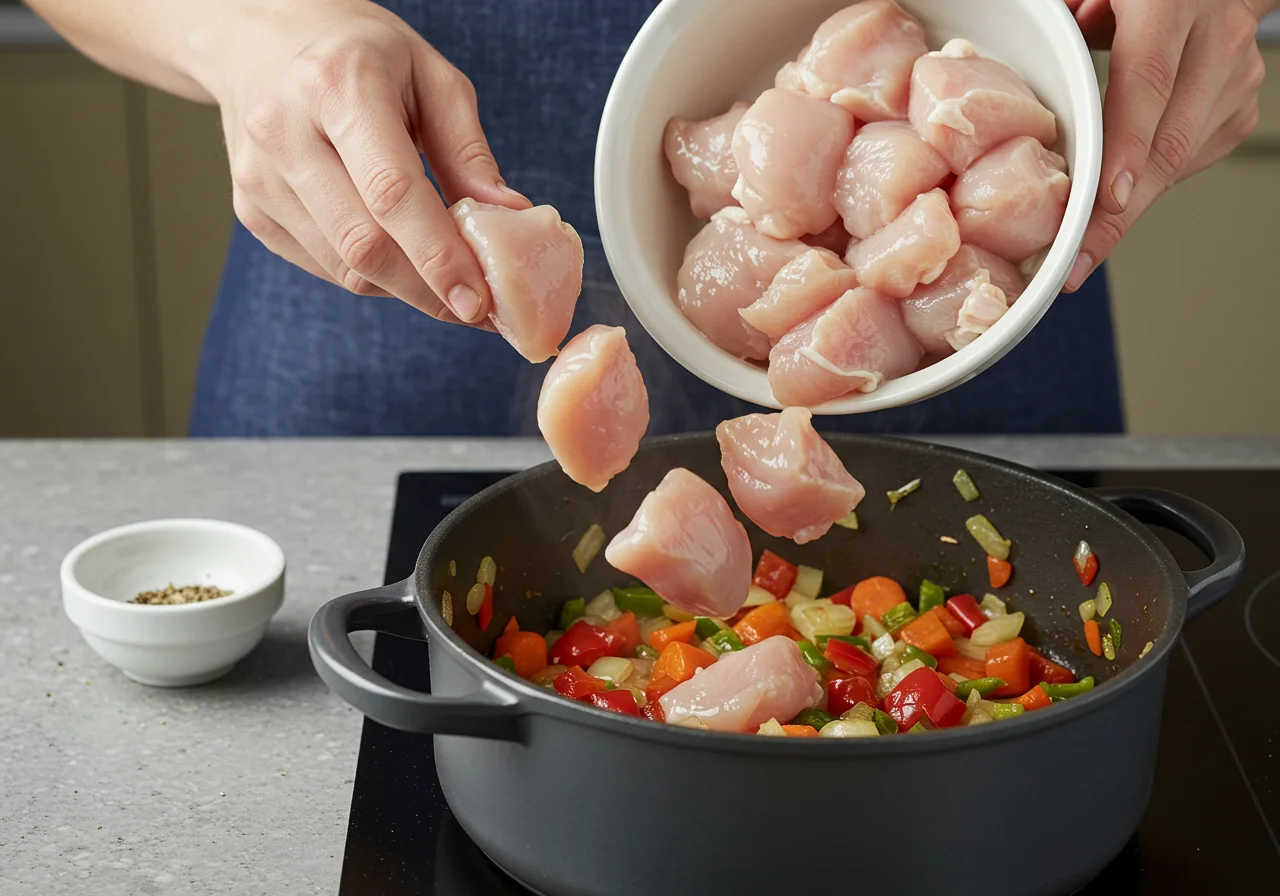 Adding chicken pieces to the sautéed vegetables for the Sopa de Verduras y Pollo recipe.