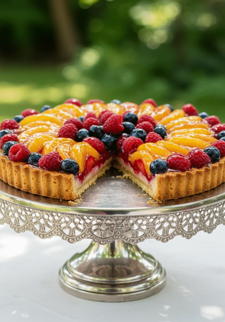 Tarta de Frutas Frescas lista para ser servida, mostrando colores vibrantes y un acabado brillante.