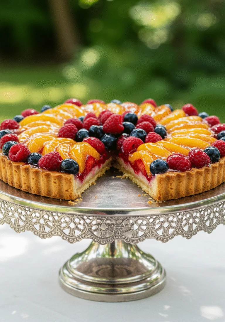 Tarta de Frutas Frescas lista para ser servida, mostrando colores vibrantes y un acabado brillante.