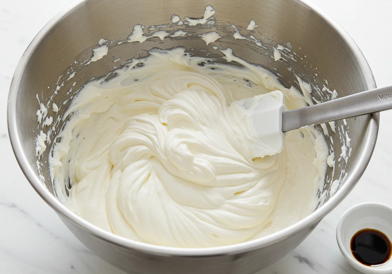 Mezcla de mascarpone y crema batida para la base de la Tarta de Frutas Frescas.