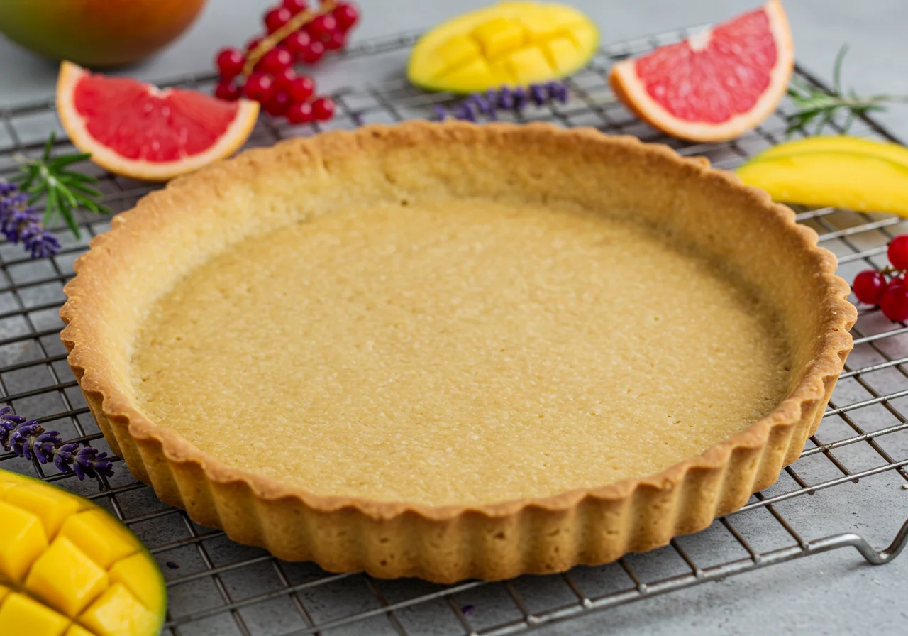 Base de tarta horneada lista para ser rellenada con frutas frescas en la Tarta de Frutas Frescas.