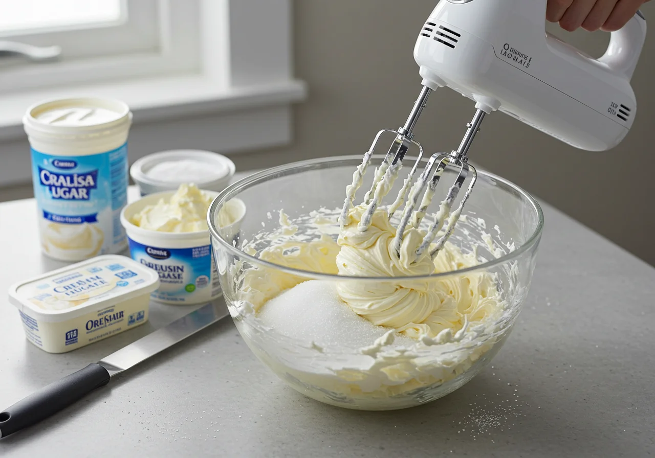 Mezcla de queso crema y azúcar en un tazón para preparar Tarta de Queso y Arándanos.
