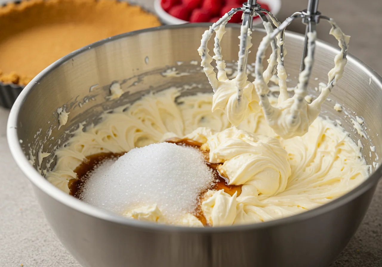 Mezcla de queso crema con azúcar y extracto de vainilla para la tarta de queso y frambuesa.