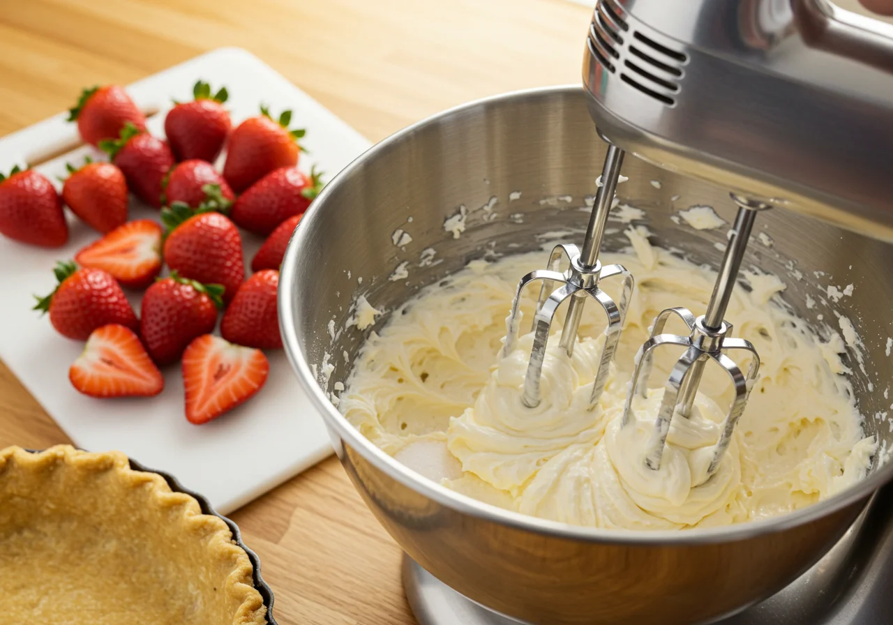 Mezcla de queso crema, azúcar y extracto de vainilla para la tarta de queso y fresas.