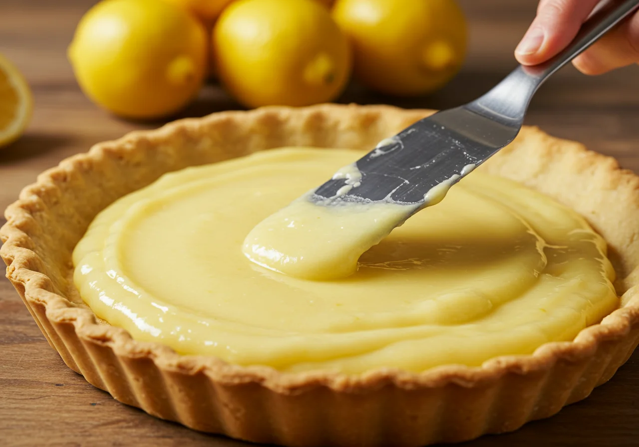 Relleno de tarta de queso y limón en una base de masa lista para hornear.