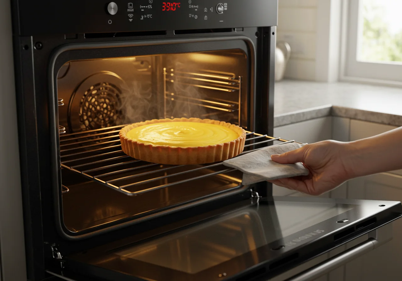 Tarta de queso y limón colocada en el horno precalentado para cocción.