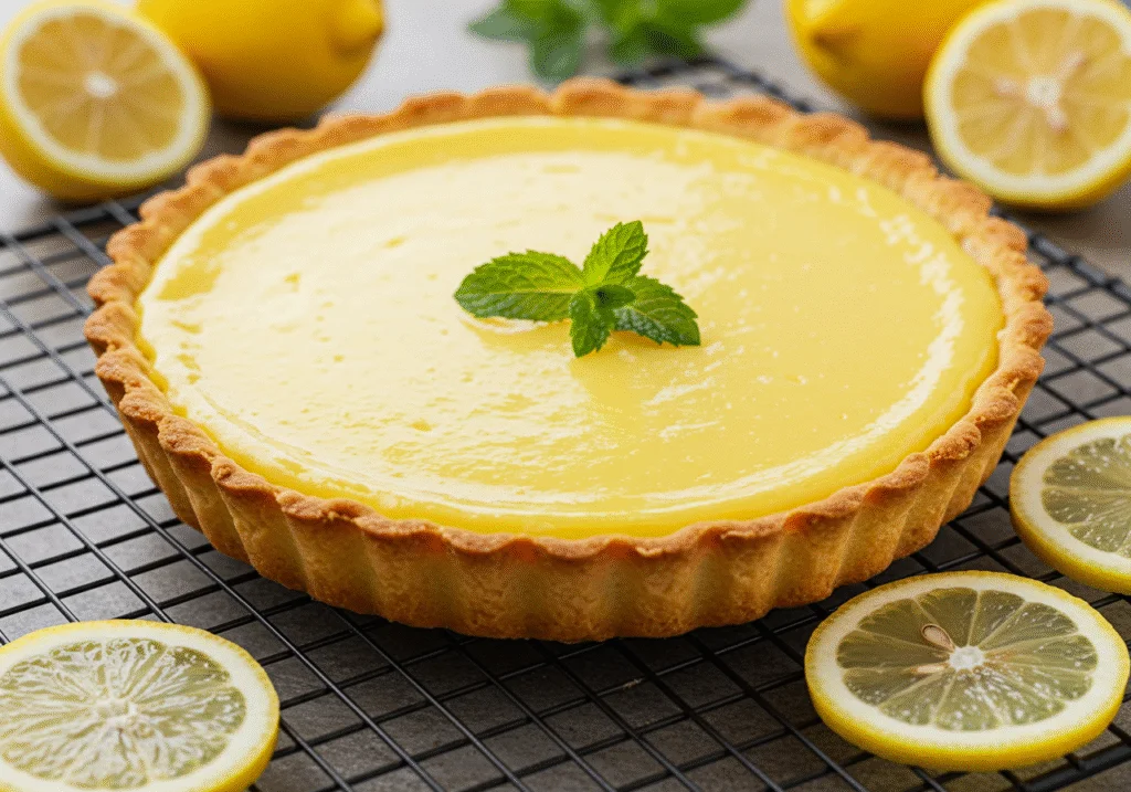 Tarta de queso y limón enfriándose con rodajas de limón y menta.