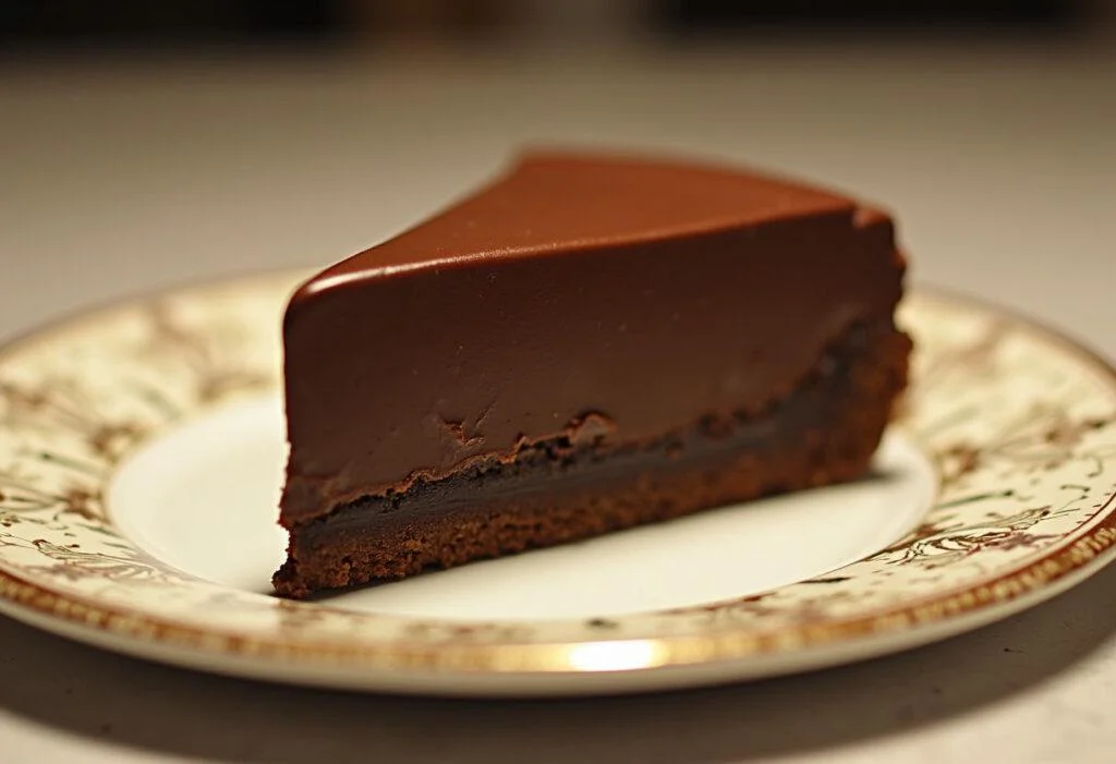 Rebanada de abrigo marron chocolate casero presentada con un acabado brillante.