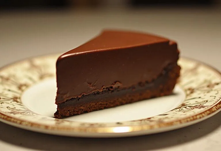 Rebanada de abrigo marron chocolate casero presentada con un acabado brillante.