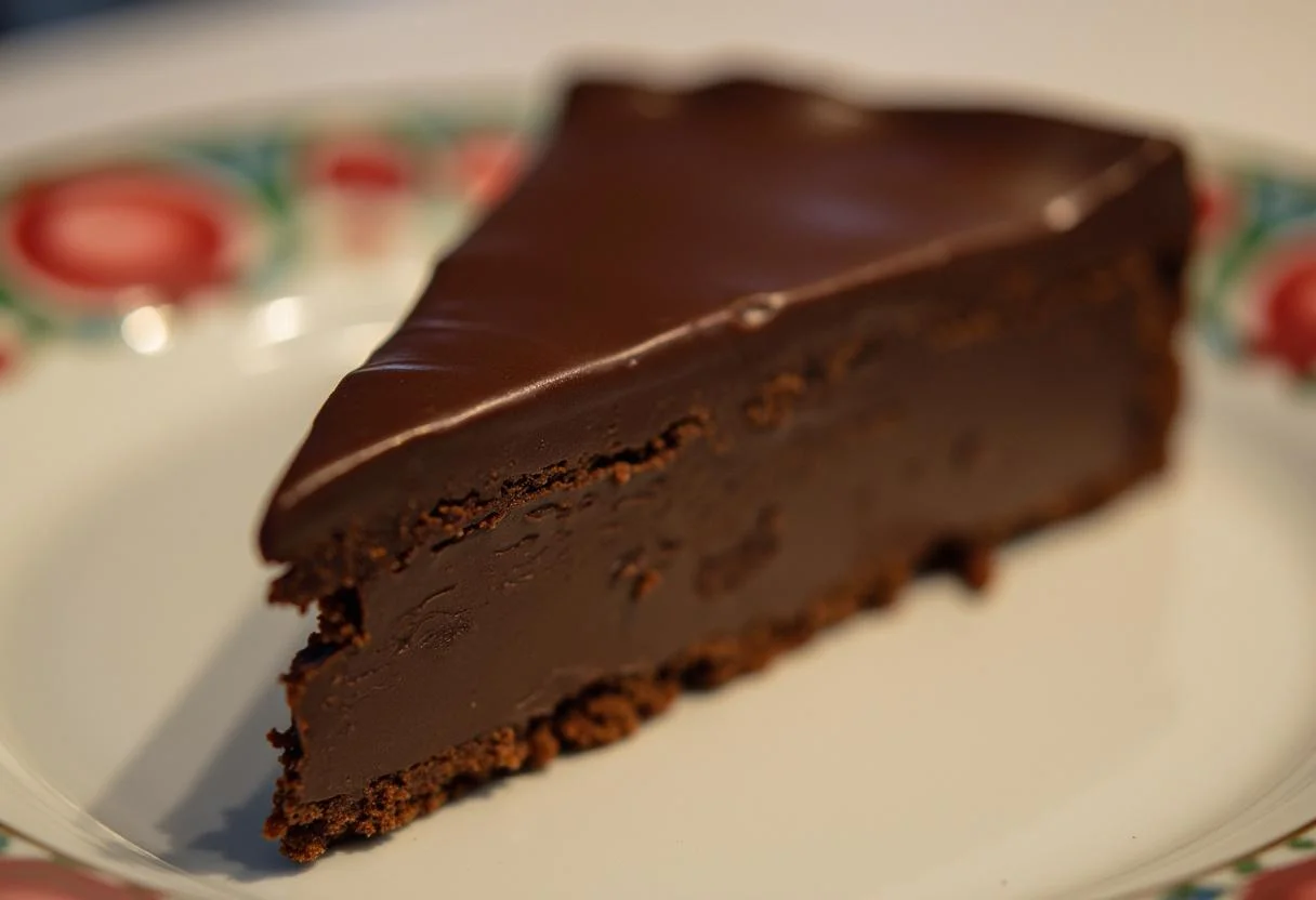 Rebanada de abrigo marron chocolate casero presentada con un acabado brillante.