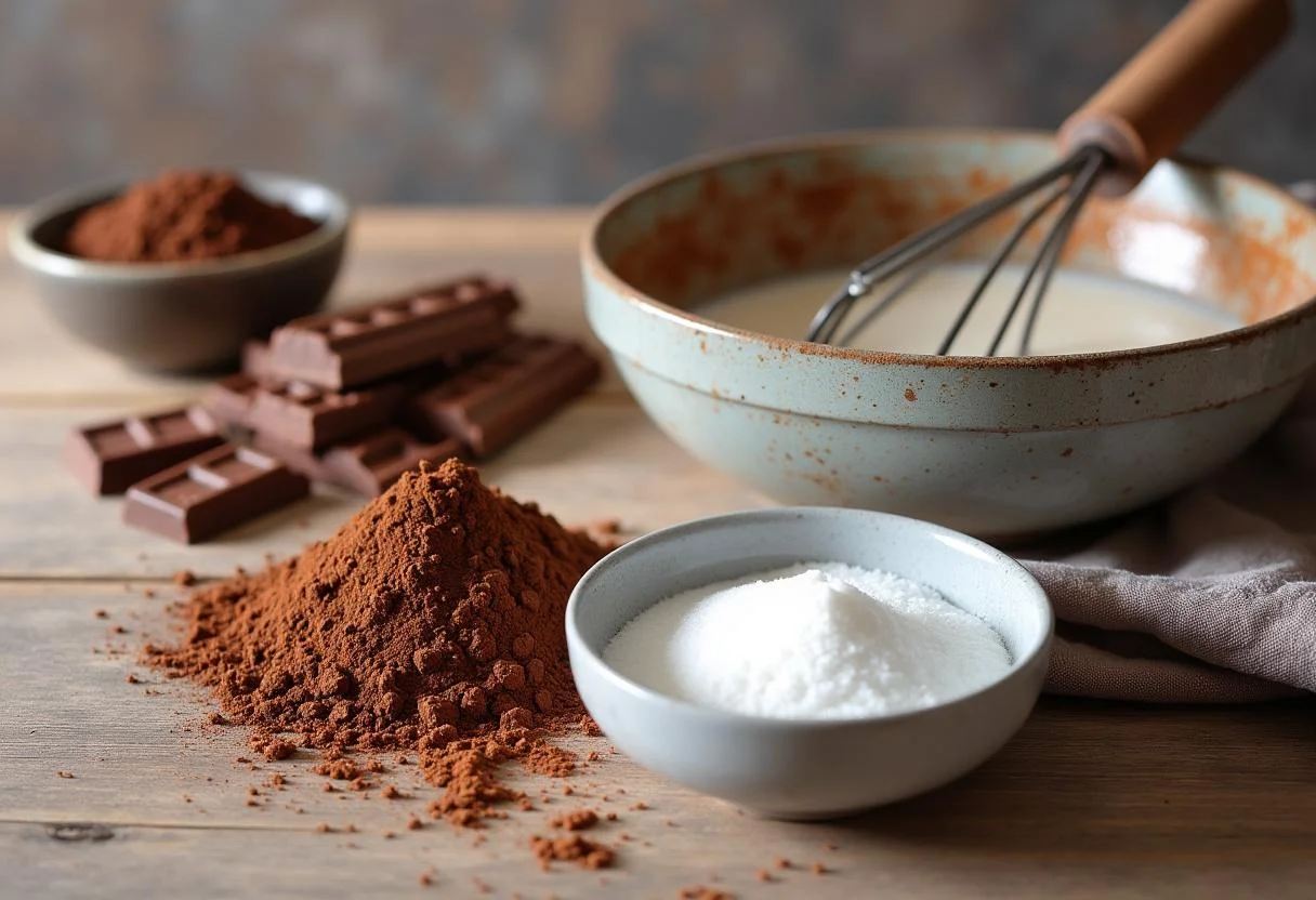 Ingredientes para hacer abrigo marron chocolate casero sobre la mesa.