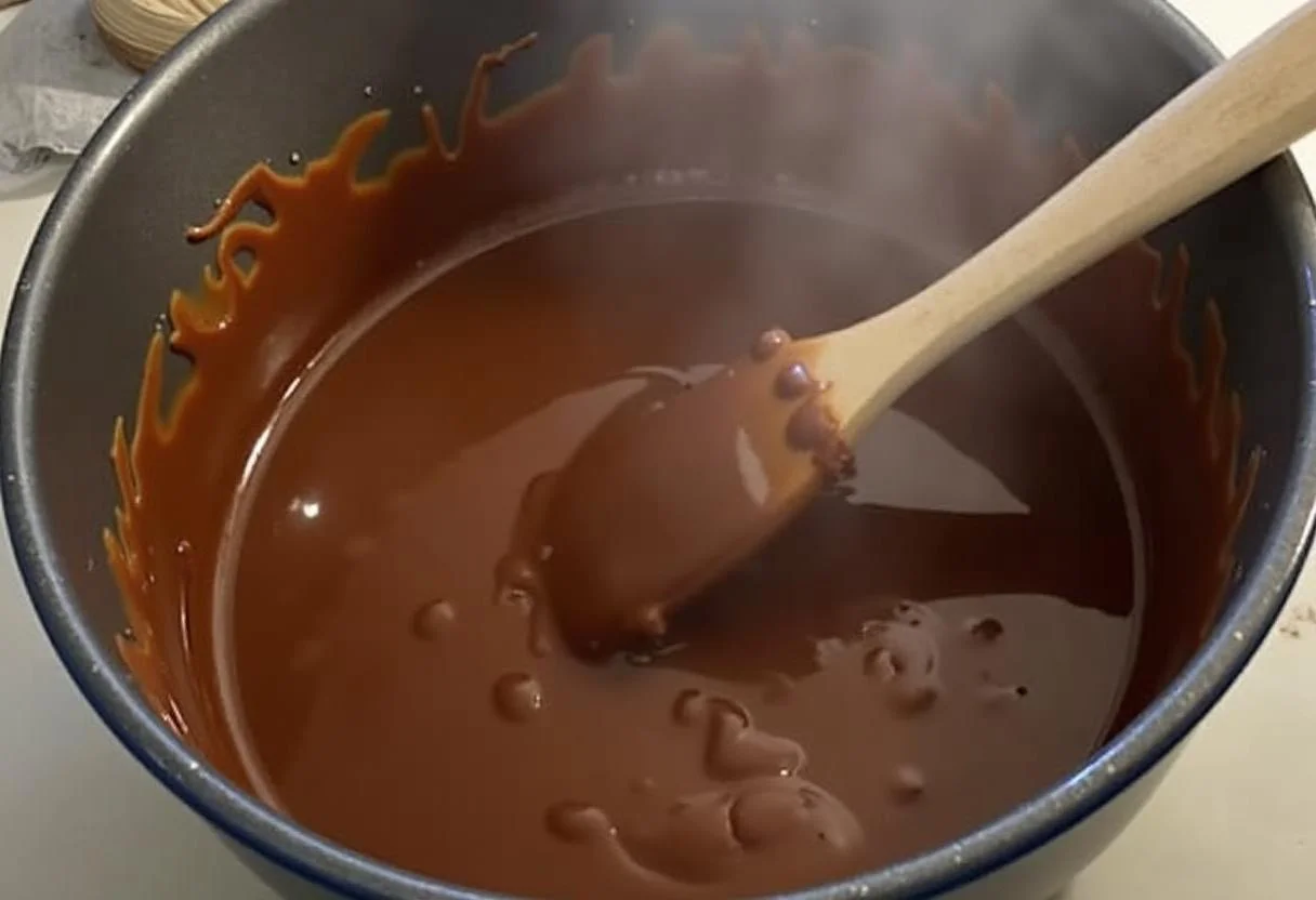 Chocolate derretido en un tazón para la receta de abrigo marron chocolate casero.