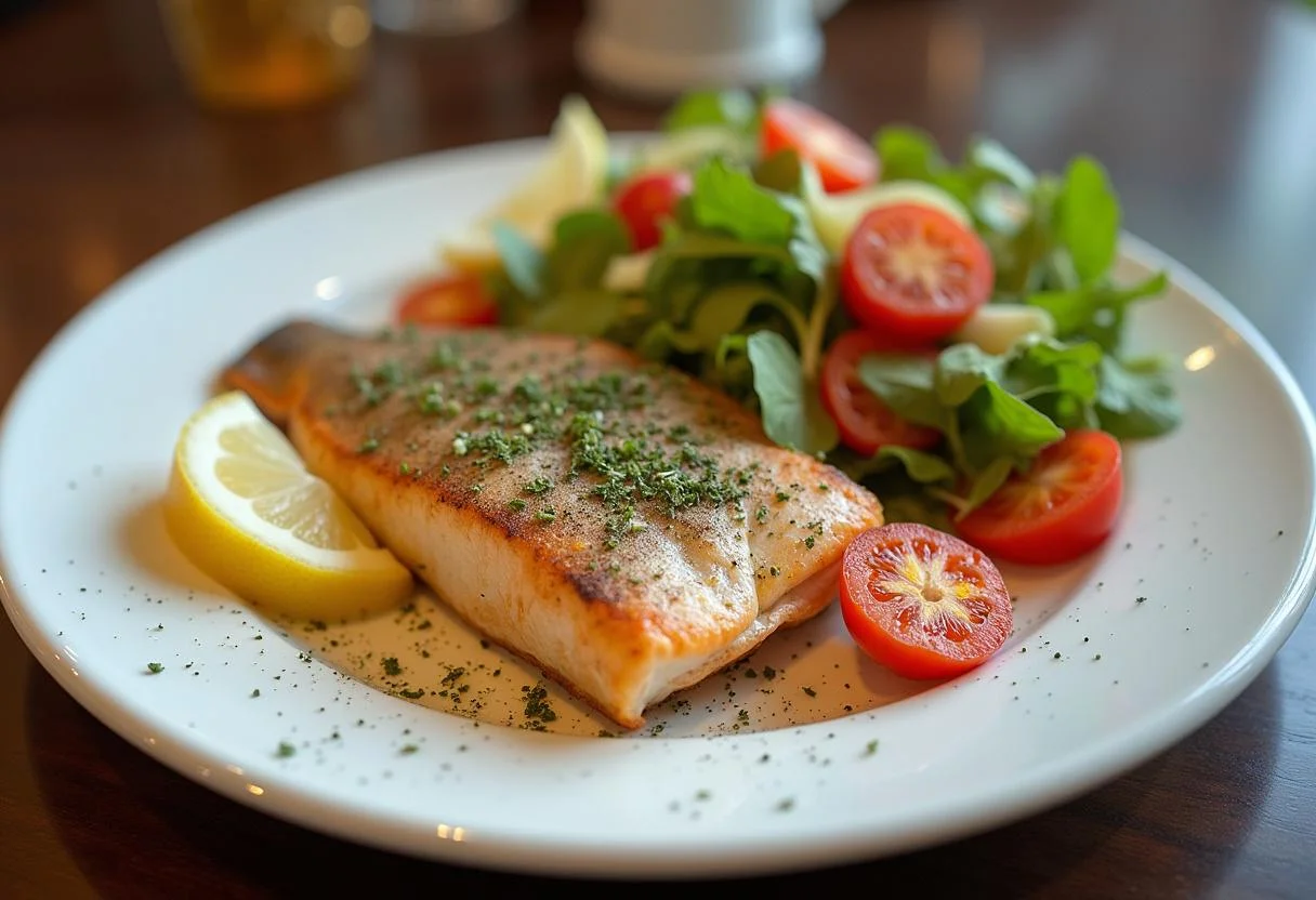 Acedia pescado fresco presentado con guarnición de ensalada colorida, un plato delicioso.