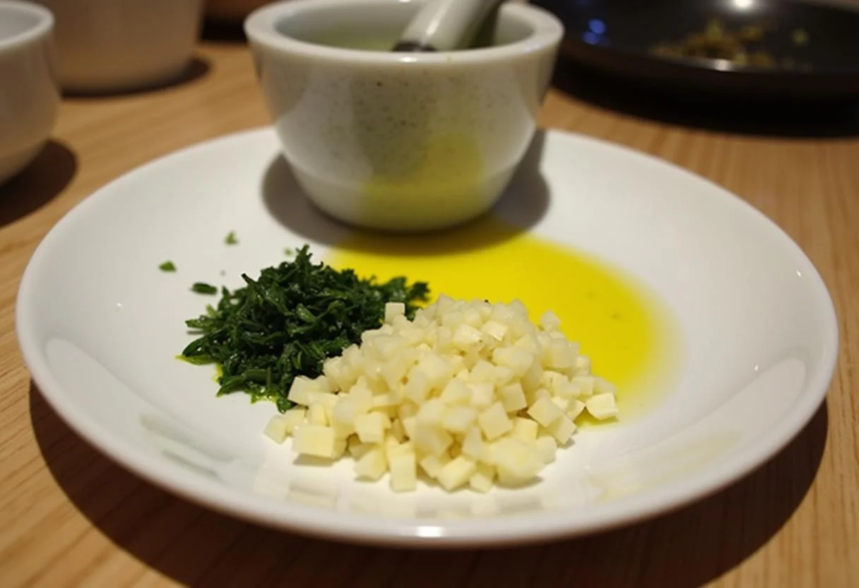 Mezcla de ajo picado y hierbas para aderezar el acedia pescado fresco.