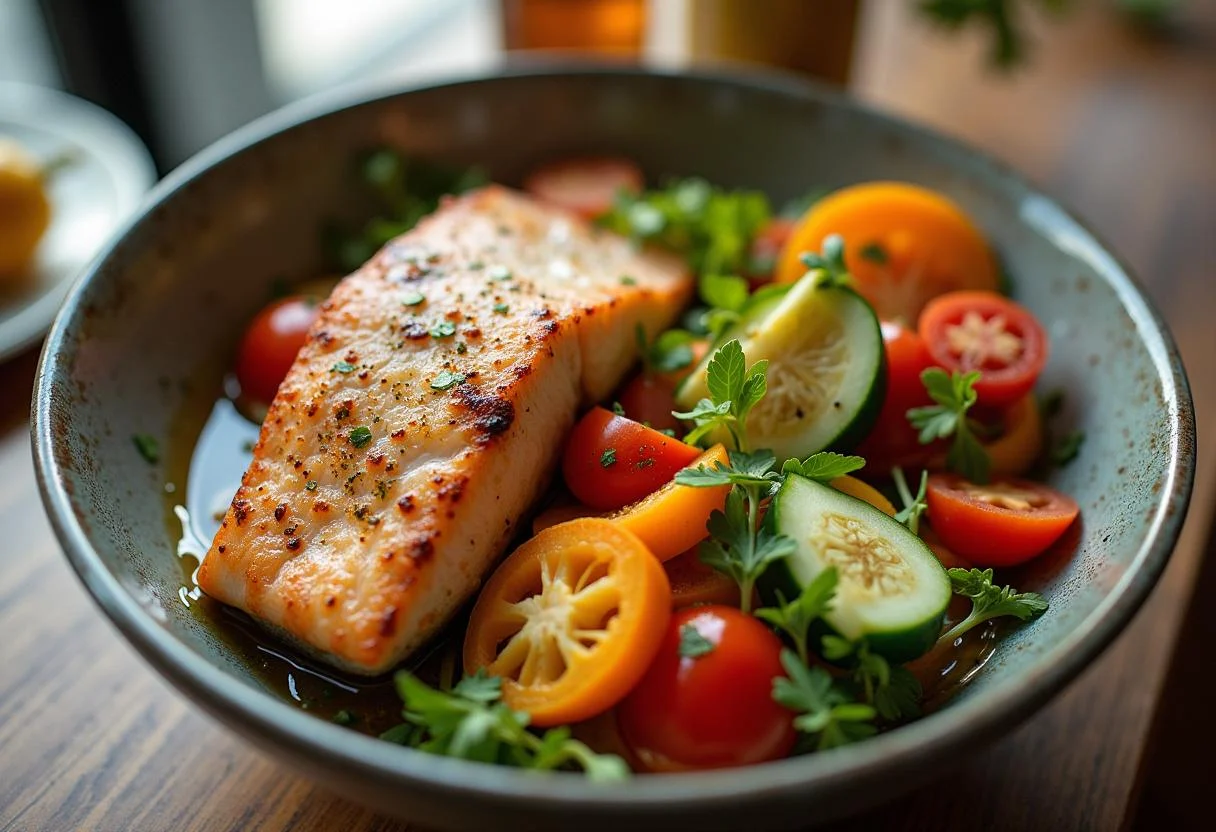 Ensalada fresca lista para acompañar el acedia pescado a la parrilla.