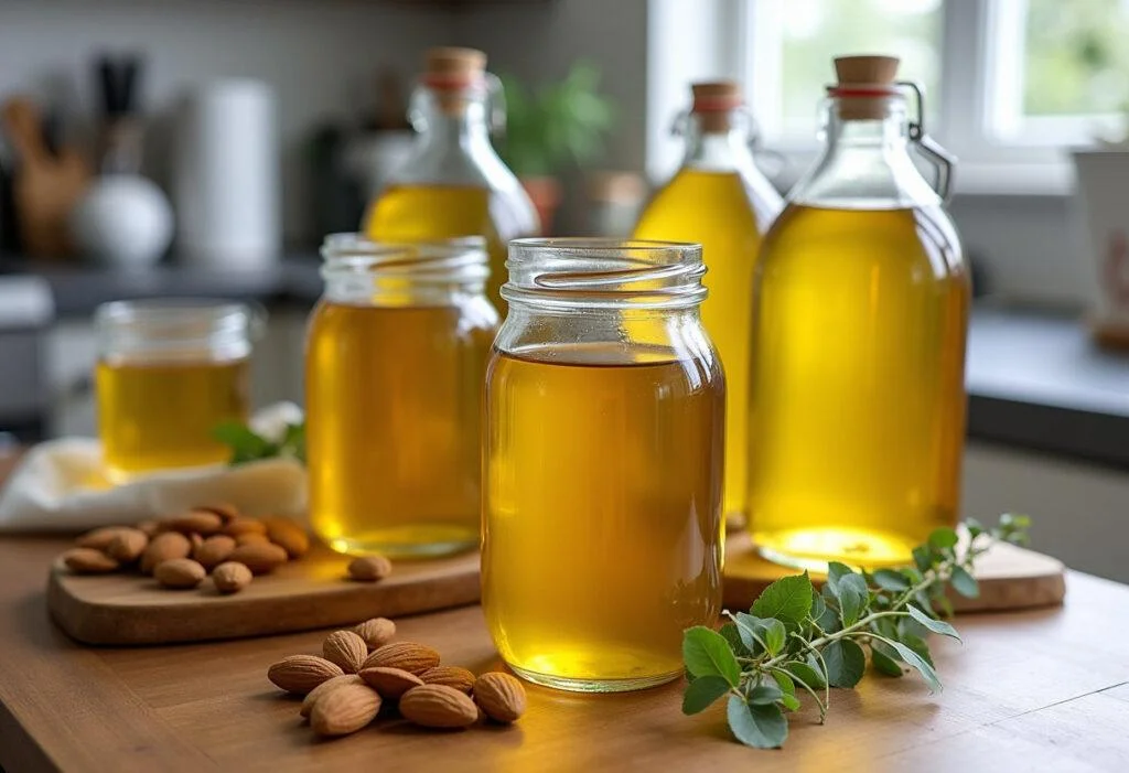 Frascos de aceite de almendras casero decorados con almendras y hierbas, perfectos para la cocina.