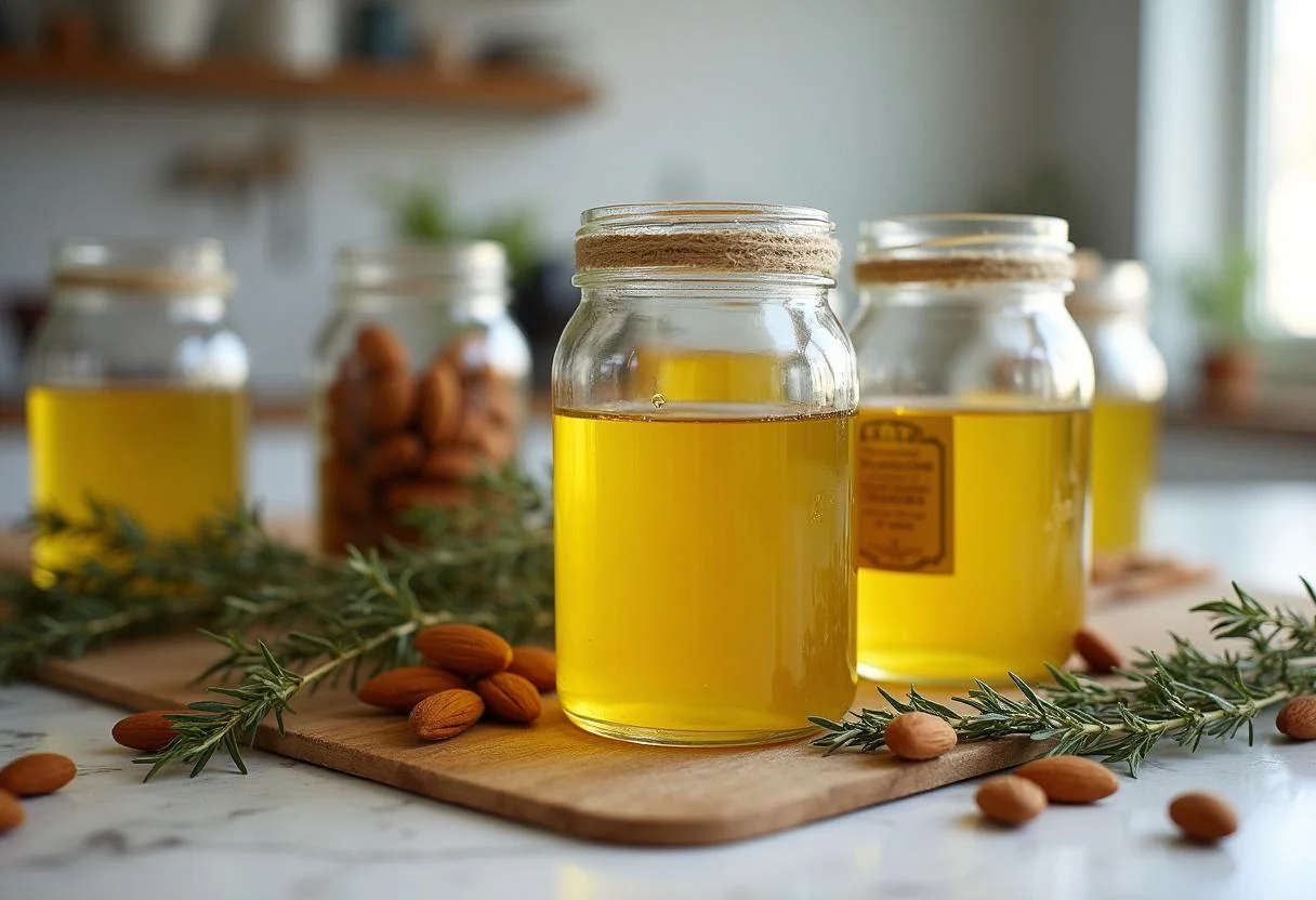 Frascos de aceite de almendras casero decorados con almendras y hierbas, perfectos para la cocina.