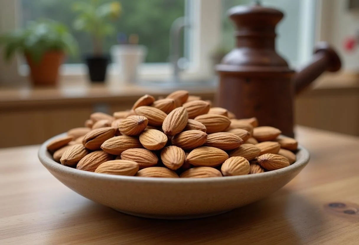 Almendras crudas en un tazón para hacer aceite de almendras casero.