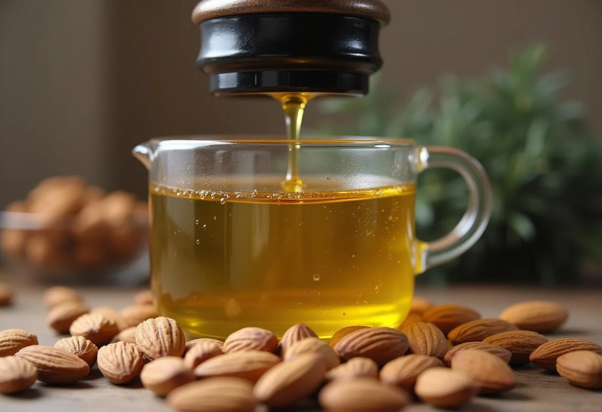 El proceso de extracción de aceite de almendras, mostrando el aceite cayendo en un frasco.