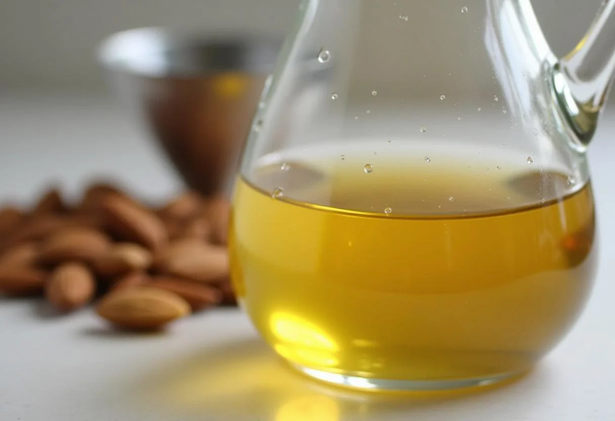 Aceite de almendras casero recién extraÃdo en un frasco, listo para su uso.