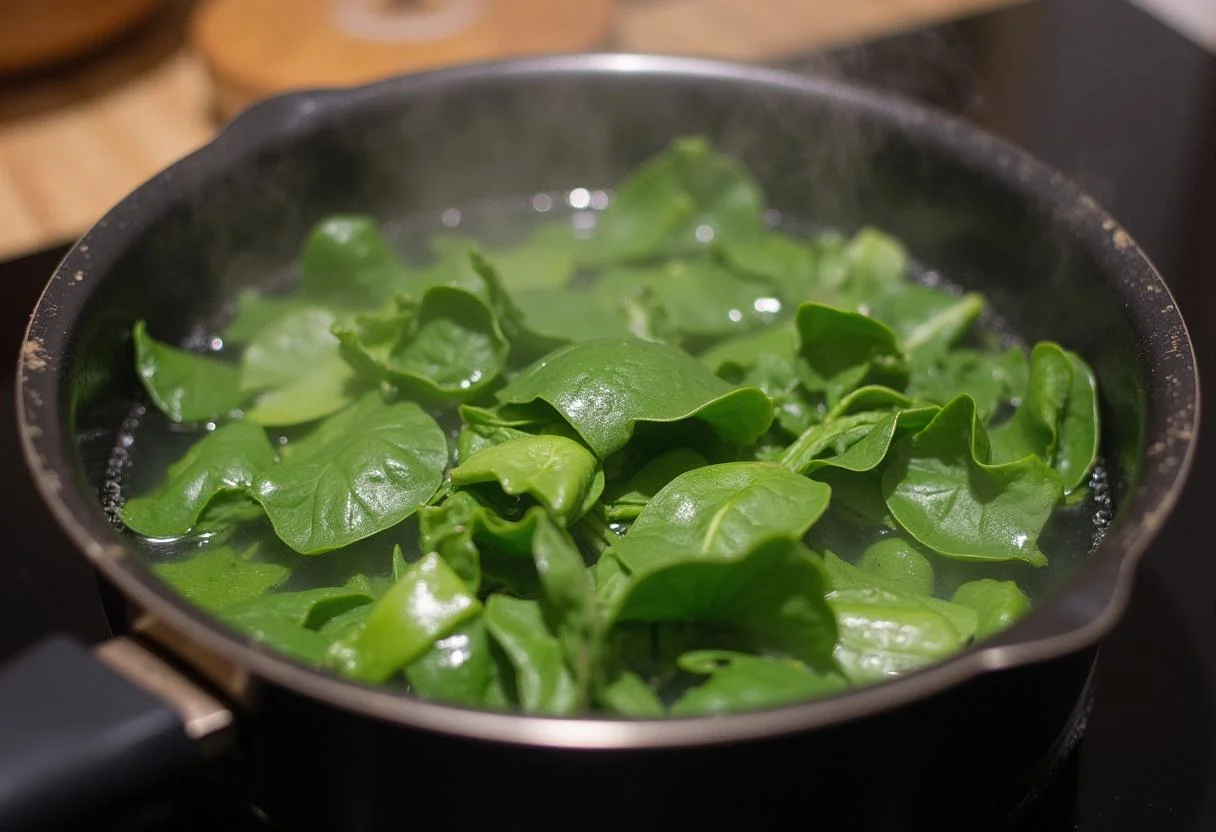 Acelgas cocinándose en una olla para la receta de acelgas con leche descremada.