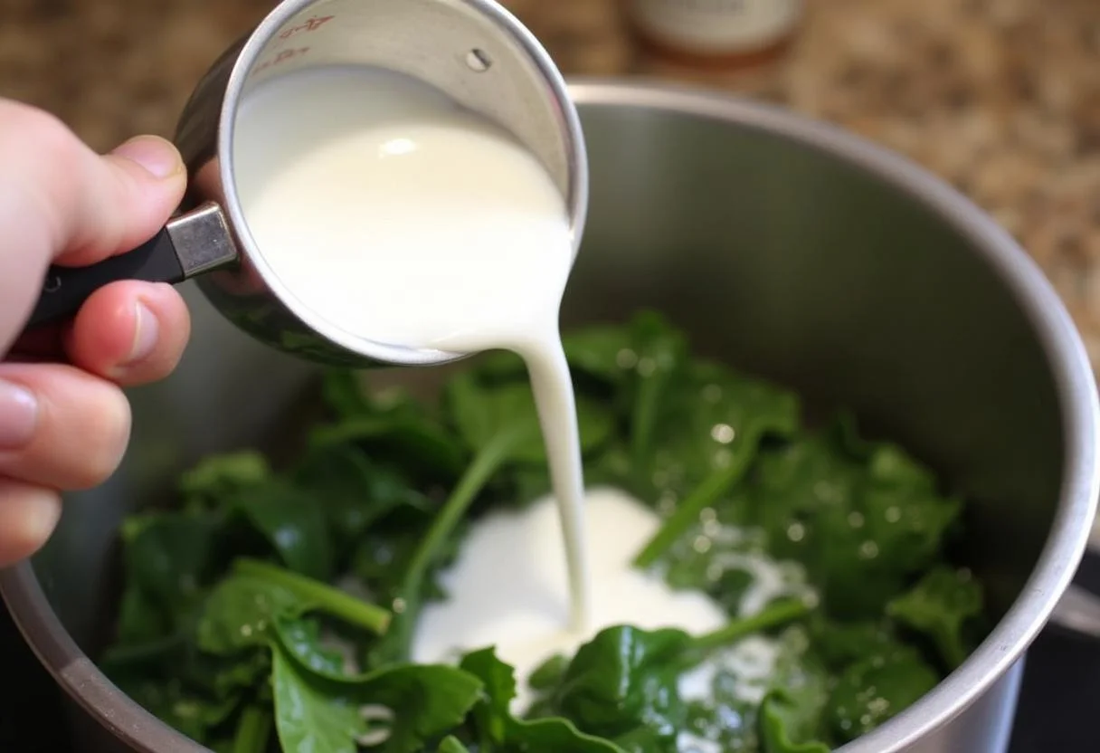Leche descremada siendo agregada a la olla con acelgas para la receta de acelgas con leche descremada.