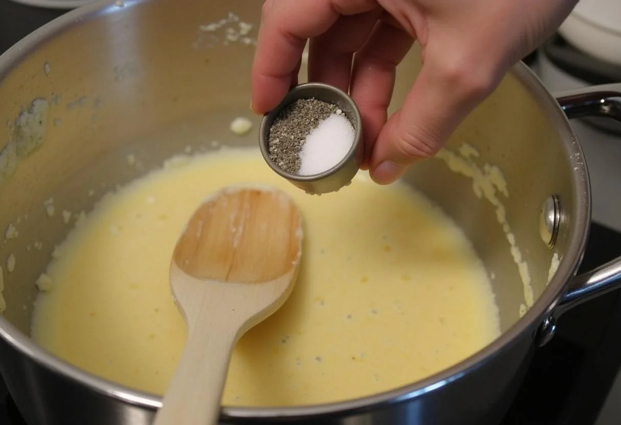 Añadiendo sal y pimienta a la mezcla de acelgas con leche descremada en la olla.