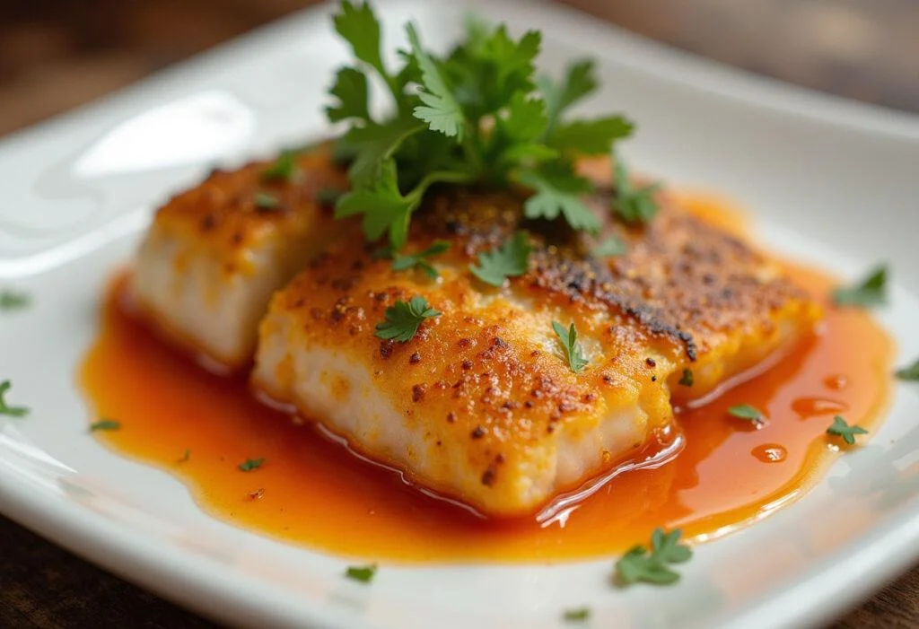 Deliciously plated pescado aguja ready to serve, perfect for seafood lovers.