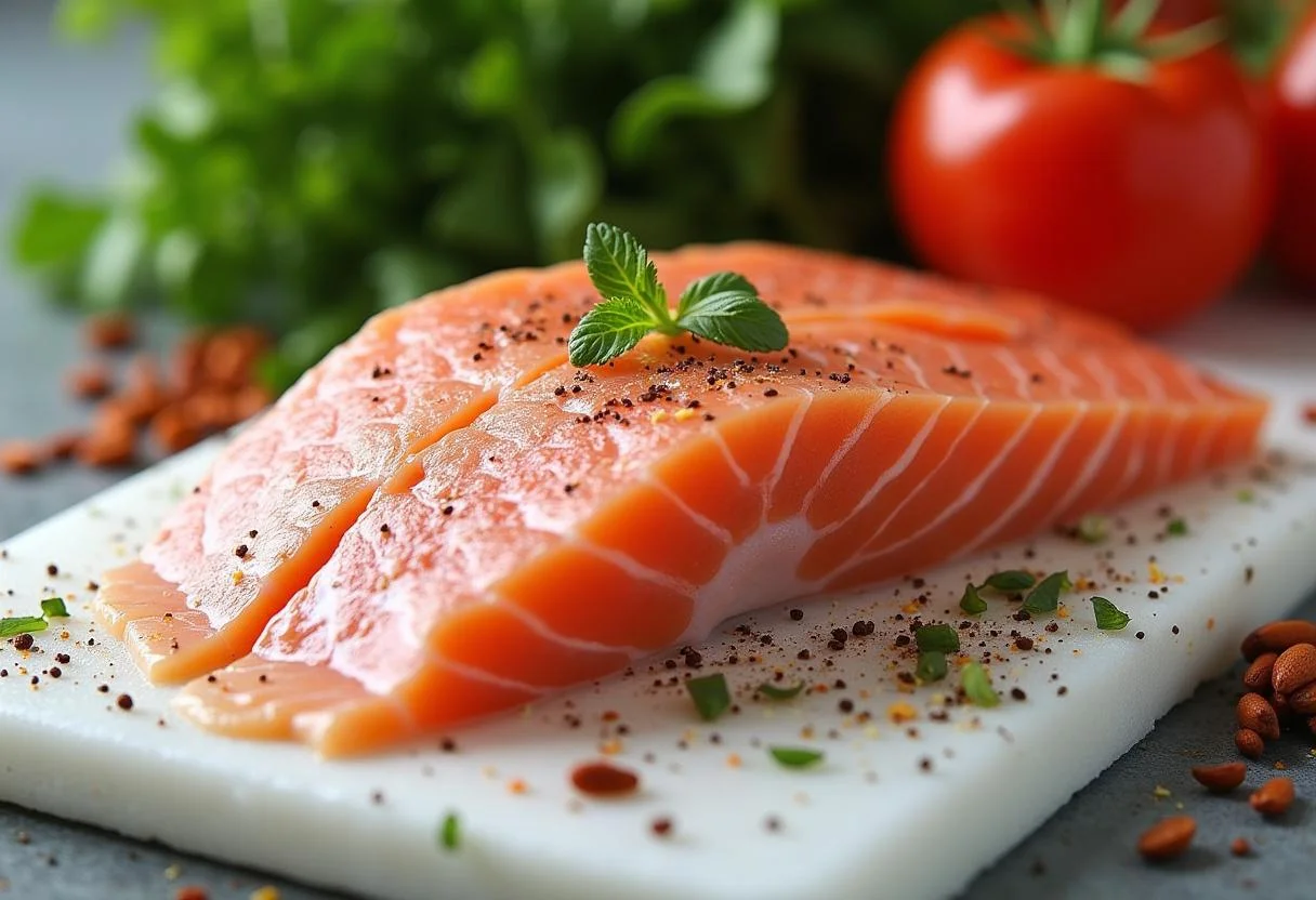 Filetes frescos de pescado aguja preparados para cocinar con especias y verduras.
